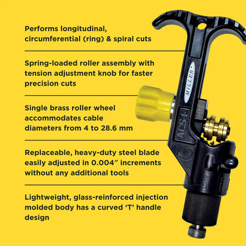 Portable Cable Slitter For Armored Fiber Cable And Central Tube Slitting On Both Sides Of Fiber And Copper Cables With Corrugated Or Smooth Jackets Ten Ounce Dope Tool For Electricians And Installers with yellow tension knob and brass roller.