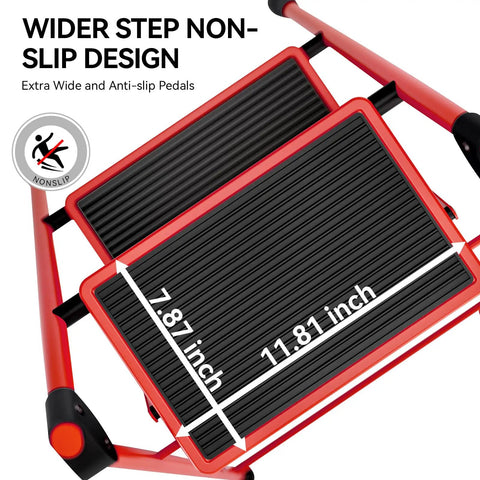 Lightweight 3 Step Folding Ladder With Non Slip Wide Pedals And Handy Handle Beefy Heavy Duty Steel Build Red Finish 333 Lb Capacity