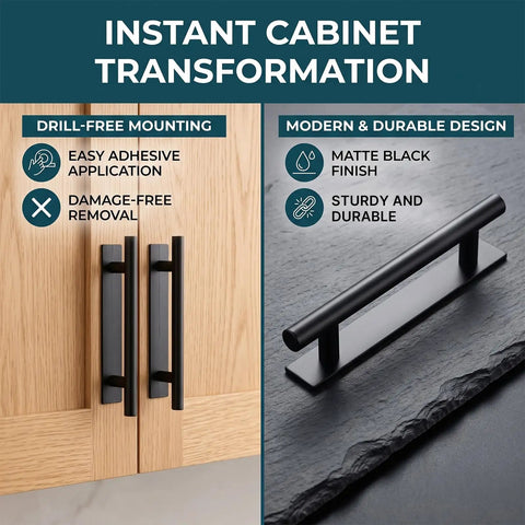10 Piece Self Stick Cabinet Handles, Peel And Stick Push Pull Helpers, Adhesive Drawer Pulls For Kitchen Cabinets displayed on wood.