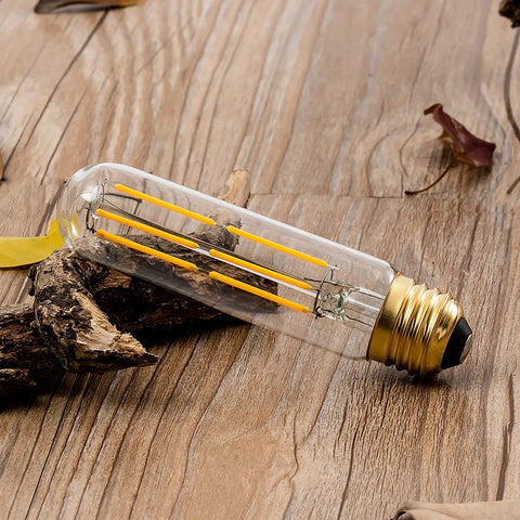 Side view of T10 LED Tubular Bulbs Warm White 2700K 6W Dimmable Vintage Filament Bulbs, 60W Equivalent, E26 Medium Base Edison Style Bulb.