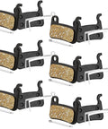 Image of six pairs resin bike brake pads with metal clips for Shimano disc brakes, easy drop in replacement, long lasting stop power.