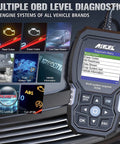 TD700 OBD2 Scanner For Toyota Vehicles, handheld diagnostic tool displayed on car grill with menu screen and function icons