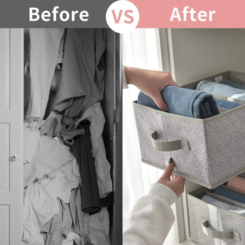 Comparison before and after with Five Grid Wardrobe Organizer For Folded Clothes And Jeans Stackable Closet Drawer Storage In Gray.