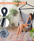 Hammock Chair Hanging Rope Swing Chair For Indoor Outdoor Use Built For Chill Comfort Up To 450 Lbs Large in light grey with cushions, displayed indoors