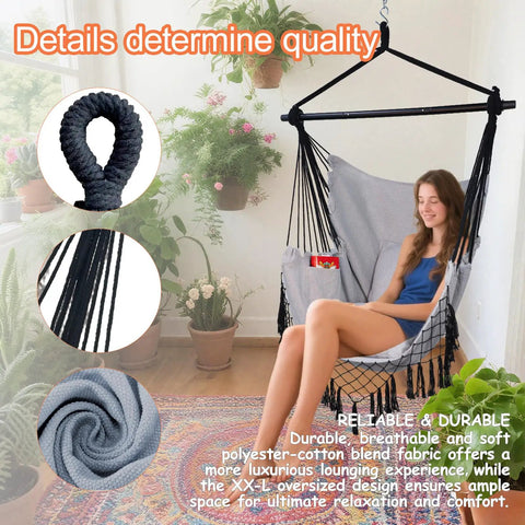 Hammock Chair Hanging Rope Swing Chair For Indoor Outdoor Use Built For Chill Comfort Up To 450 Lbs Large in light grey with cushions, displayed indoors