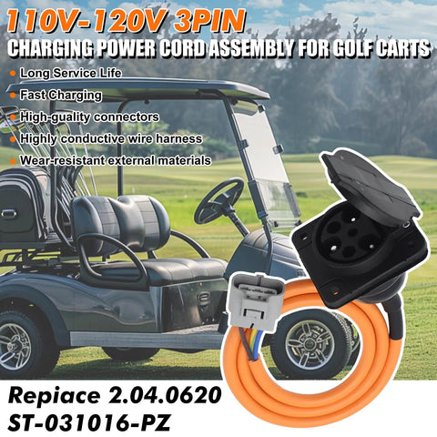 Plug And Play Electric Golf Cart Charger Receptacle Head 3 Pin Replacement For Advanced Ev And Evolution Carts 30 Amp 110 220 Volt Setup with orange power cord and connector.