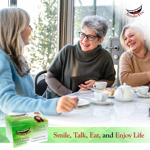 Group of smiling women drinking tea with DIY At Home Dental Repair Kit For Missing Or Damaged Teeth With Color Matching Compound visible