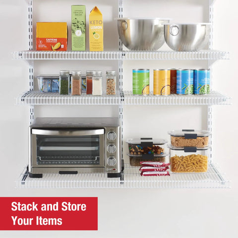 36 Inch Pantry Shelf System With Direct Wall Mount, 4 White Wire Shelves And Mounting Hardware Included, Heavy Duty Closet And Pantry Organizer For Home Storage, Fits 3 Feet Of Horizontal Space, displaying kitchen items and appliances.