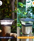 Solar Post Cap Lights For 4x4 Wooden Posts Outdoor LED Deck And Fence Cap Light With Dual Modes Warm White Or Bright White Self-Contained No Wiring Weatherproof Black Eight Pack on wooden posts, showing auto light at night feature.