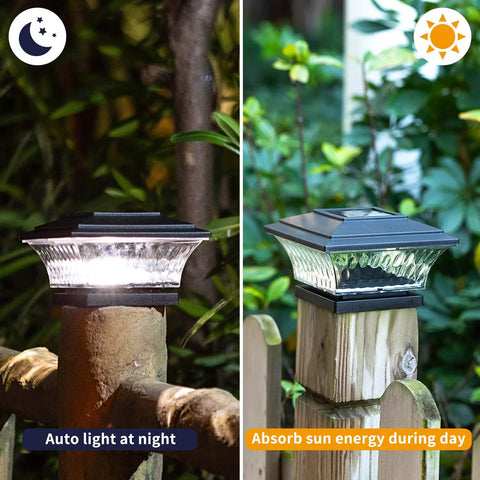 Solar Post Cap Lights For 4x4 Wooden Posts Outdoor LED Deck And Fence Cap Light With Dual Modes Warm White Or Bright White Self-Contained No Wiring Weatherproof Black Eight Pack on wooden posts, showing auto light at night feature.