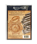Packaging of Leather Stamps Tool Set for Crafting with Sheridan Style Stamp Set II Featuring 10 Chrome Plated Tools Like Bevelers, Veiners, Leaf Liner and Thumb Prints for Pro Grade Leatherworking.