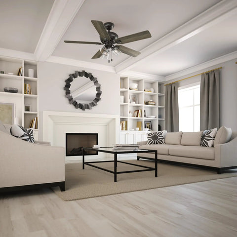 Living room with 52 Inch Indoor Ceiling Fan With LED Lights And Pull Chain, Bronze Finish, 5 Blades, Includes 3 Inch Downrod