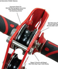 Close-up of Heavy Duty Zipline Trolley With Stainless Steel Sheaves And Double Pulley, 23kN Rating, black and red design.