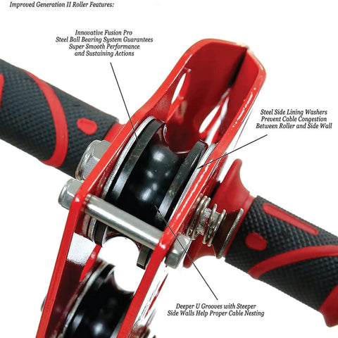 Close-up of Heavy Duty Zipline Trolley With Stainless Steel Sheaves And Double Pulley, 23kN Rating, black and red design.