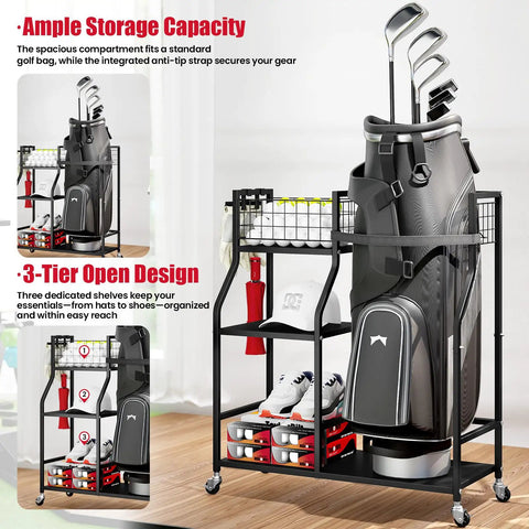 Ultimate Golf Bag Organizer With Wheels High Strength Metal Stand showing four sections, hooks, and mesh rack with golf bags.