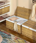 Large Handwoven Foldable Storage Basket Metal Frame Real Deal with Lid and Grippy Handles Cotton Lined Bin for Bedroom Laundry Gray Top Shelf Versatile Organizer in a closet with blankets.