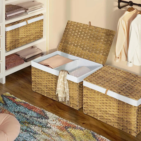 Large Handwoven Foldable Storage Basket Metal Frame Real Deal with Lid and Grippy Handles Cotton Lined Bin for Bedroom Laundry Gray Top Shelf Versatile Organizer in a closet with blankets.