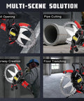 16 Inch Concrete Ring Saw 8980W Toroidal Electric Cutter shown in use for wall opening, pipe cutting, doorway creation, and floor trenching.