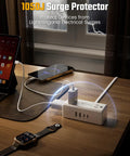 3 Ft Short Extension Cord Surge Protector Power Strip 8 In 1 with USB ports on a desk charging devices during a lightning storm.