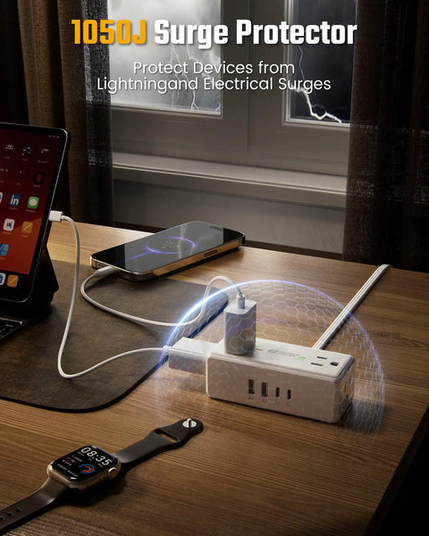 3 Ft Short Extension Cord Surge Protector Power Strip 8 In 1 with USB ports on a desk charging devices during a lightning storm.