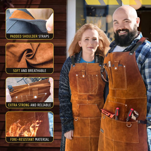 Couple wearing Rugged Leather Welding Apron With Eleven Tool Pockets For Woodworking And Metalworking, 24 by 35 inches, brown.