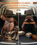 Before and after of trunk with Portable Saddle T Hanger For Car And Trailer Heavy Duty Headrest Saddle Rack Organizer