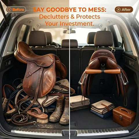 Before and after of trunk with Portable Saddle T Hanger For Car And Trailer Heavy Duty Headrest Saddle Rack Organizer
