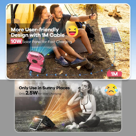 Ultra Portable 30000mAh Solar Fan With LED Lantern And 10W Solar Panel Battery Powered Camping Fan used by people outdoors