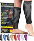 Calf Compression Sleeves for Men and Women Footless Support for Varicose Veins Nursing Running Leg Sleeve for Shin Splints Pain Relief and Swelling Reduction Black Size L XL shown on legs with packaging