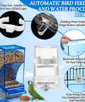 Straight-Up No-Mess Bird Feeder And Water Dispenser Set Featuring Automatic Drinking Bottles And Fresh Food Bowls With A Sturdy Chew Stick And Fast Cleanup Scoop Ideal For Joyful Parakeets Cockatiels And Lovebirds In Bright Blue, showing detailed parts and features.