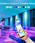 Smart WiFi LED Bulbs 6 Pack RGBW Color Changing Dimmable A19 60W Equivalent No Hub Needed Works With Alexa Google Home Remote Control App 2700K To 6500K 2nd Gen controlled by smartphone app in living room