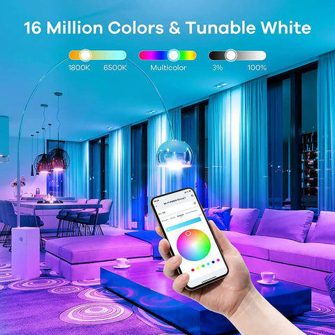 Smart WiFi LED Bulbs 6 Pack RGBW Color Changing Dimmable A19 60W Equivalent No Hub Needed Works With Alexa Google Home Remote Control App 2700K To 6500K 2nd Gen controlled by smartphone app in living room