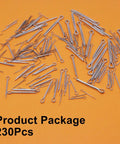 230 Piece Cotter Pin Set With Six Sizes Stainless Steel Hairpin Fasteners For Automotive Work Lawn Mowers And Small Engines M1x16 M2x20 M2.5x25 M3x30 M4x35 M5x50 displayed on orange background.