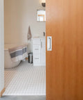 7 Inch Recessed Flush Finger Pulls For Pocket Door Sliding Door Hardware In Brushed Stainless Steel Rectangular 2 Pack Durable 304 Stainless Steel Rust Resistant Fingerprint Resistant Recess Mount installed on a wooden sliding pocket door