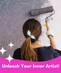 Woman applying Glitter Paint Additive 5.3oz with 2 Buffing Pads, Holographic Silver Sparkle for Walls, Ceilings, Wood, Easy Mix