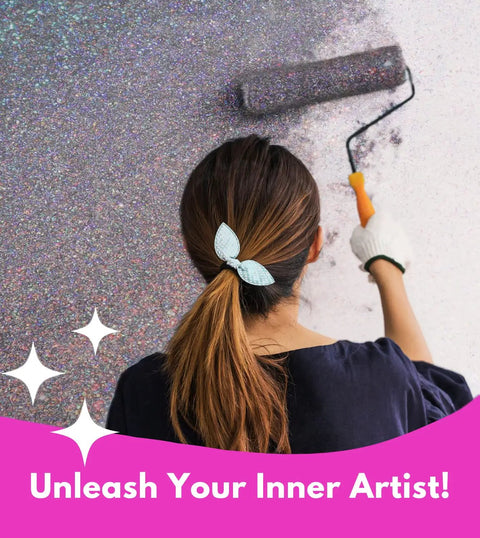 Woman applying Glitter Paint Additive 5.3oz with 2 Buffing Pads, Holographic Silver Sparkle for Walls, Ceilings, Wood, Easy Mix