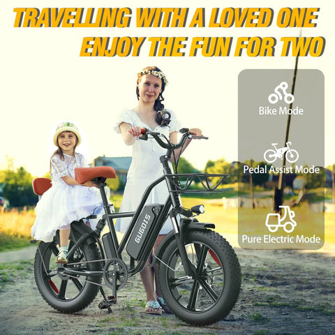 Two Seater Fat Tire Electric Bike With 1000W Peak Motor Up To 60 Mile Range Large Removable Battery 20 Inch All Terrain E Bike For City Commutes And Weekend Rides, adult and child riding