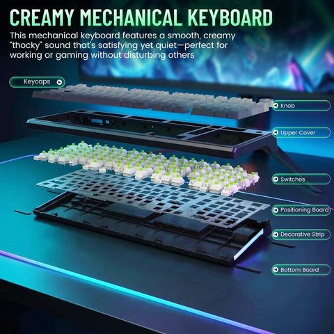 Wireless 98% Mechanical Keyboard With Triple Mode And Media Knob Full Numpad For Gamers And Typists Smooth Buttery Keys disassembled view showing keycaps, switches, and components.