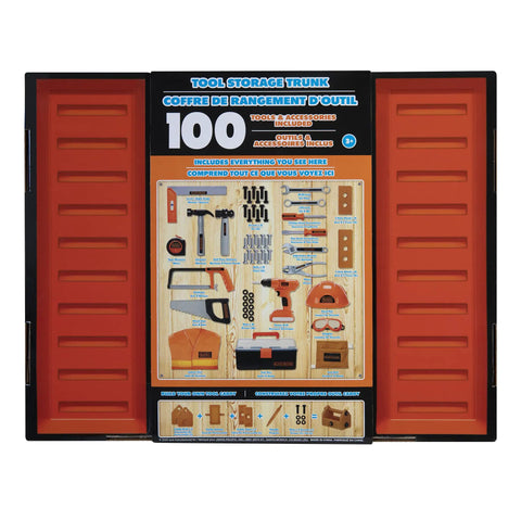 Open display of 100 Piece Tool Trunk Portable Toolbox for Home DIY and Car Garage with organized tools and red doors