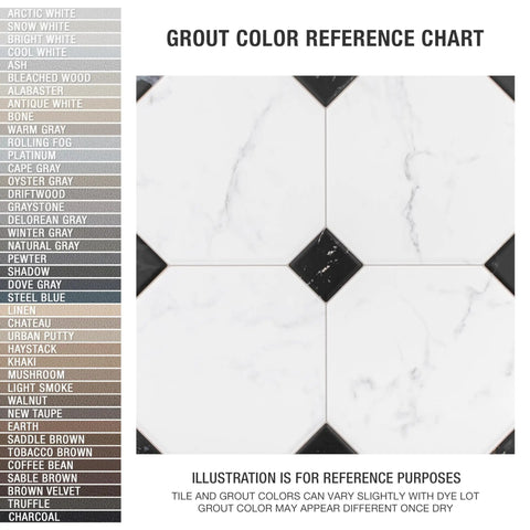 Grout color reference chart with Betera Blanco Porcelain Tile For Floors And Walls, 13.13 In Square, shown with various grout shades.