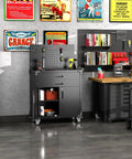 Heavy Duty Black Tool Cart On Wheels With Pegboard And 4 Hooks, Garage Storage Cabinet With Two Drawers And Lockable Doors