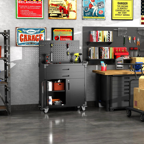 Heavy Duty Black Tool Cart On Wheels With Pegboard And 4 Hooks, Garage Storage Cabinet With Two Drawers And Lockable Doors