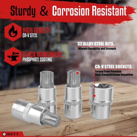 Master Torx Bit And External Torx Socket Set, close-up of sturdy CR-V steel sockets with S2 steel bits and coating features.