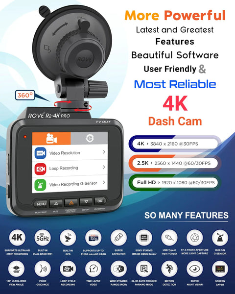 4K UHD Dash Cam With Built-In GPS And 5G WiFi For Cars featuring features and recording resolutions displayed on screen.