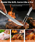Using 32 Piece Heavy Duty Stainless Steel BBQ Grill Tool Set With Case Including Spatula, Tongs, Fork, Knife on grilled meat