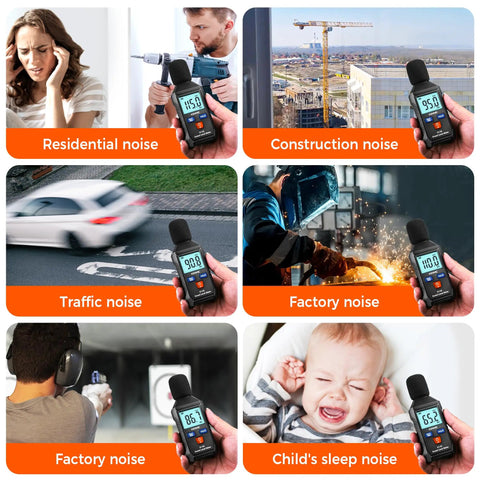 Handy Portable Sound Level Meter With Backlit LCD For Quick Noise Checks, Measures 35-130 dB(A) Range, Digital SPL Meter With MAX MIN Data Hold, Ideal For Office, Classroom, Workshop, Neighbors And Home Noise Monitoring. Handheld noise meter in use for residential, traffic and factory noise.