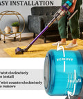 Person using Dyson vacuum with 3 Pack Replacement Filters For Dyson V15 Detect Submarine And V11 Torque Drive, easy installation guide visible