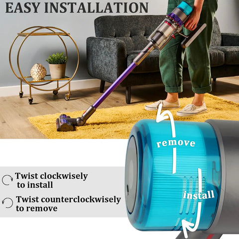 Person using Dyson vacuum with 3 Pack Replacement Filters For Dyson V15 Detect Submarine And V11 Torque Drive, easy installation guide visible