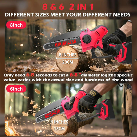 Cordless Mini Chainsaw With Dual 6 And 8 Inch Bars, 1000W Brushless Motor, 29.8 Feet Per Second Chain Speed, Great For Tree Trimming And Pruning, Compatible With M18 Battery, Battery Not Included shown cutting logs, highlighting dual sizes.