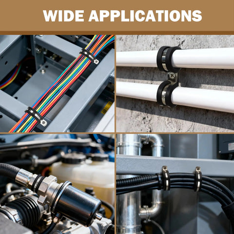 Heavy Duty Cable Clamps Kit, 100 Piece Set used for pipe, hose, and wire management in various applications.